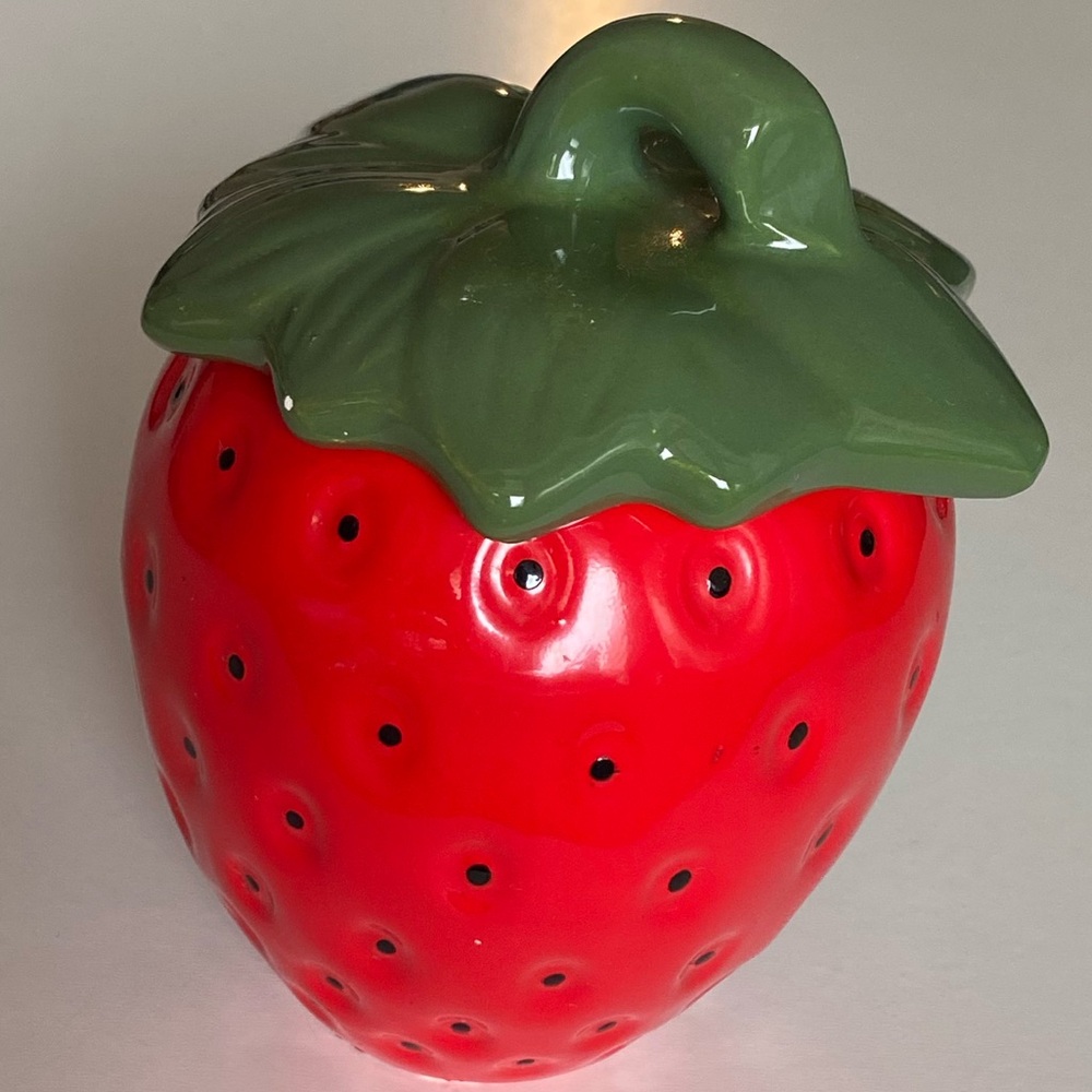 Vintage Handmade Ceramic Strawberry Jar with Lid. Antique Cookie Jar